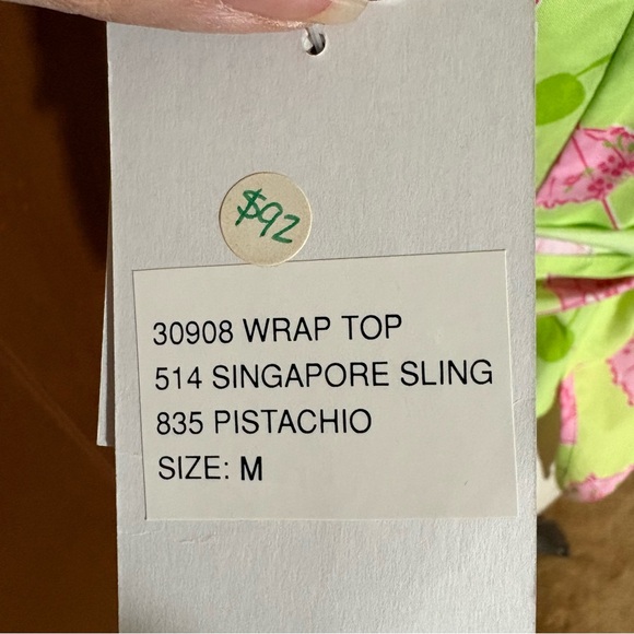 Vintage Lilly Pulitzer Lime Green Wrap Blouse with Pink Umbrella Print Sz M - Picture 3 of 5